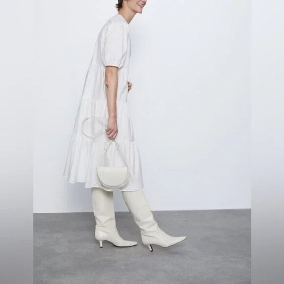 Zara Poplin Voluminous Short Sleeve Midi Dress White Size Medium - Picture 3 of 8
